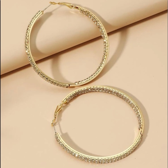 Woman’s Gold Pave’ Large Gold Hoop Earrings - Picture 2 of 8